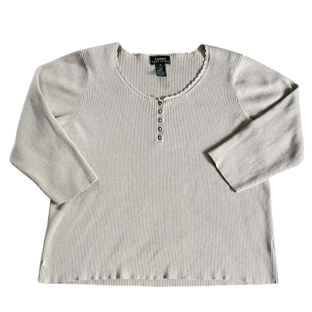 Lauren Ralph Lauren 2X Beige Ribbed Henley Sweater Y2K 90s Preppy Classic